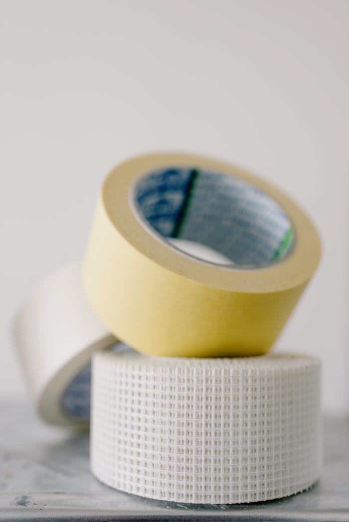 Assorted rolls of tape stacked on a table, perfect for repair and DIY projects.
